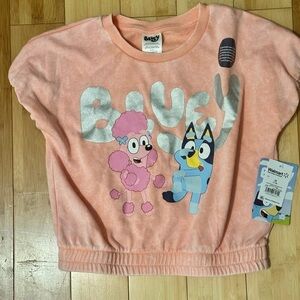 Bluey and Coco Girls Iridescent Short Sleeve Graphic Top, Size Medium (7-8) NWT